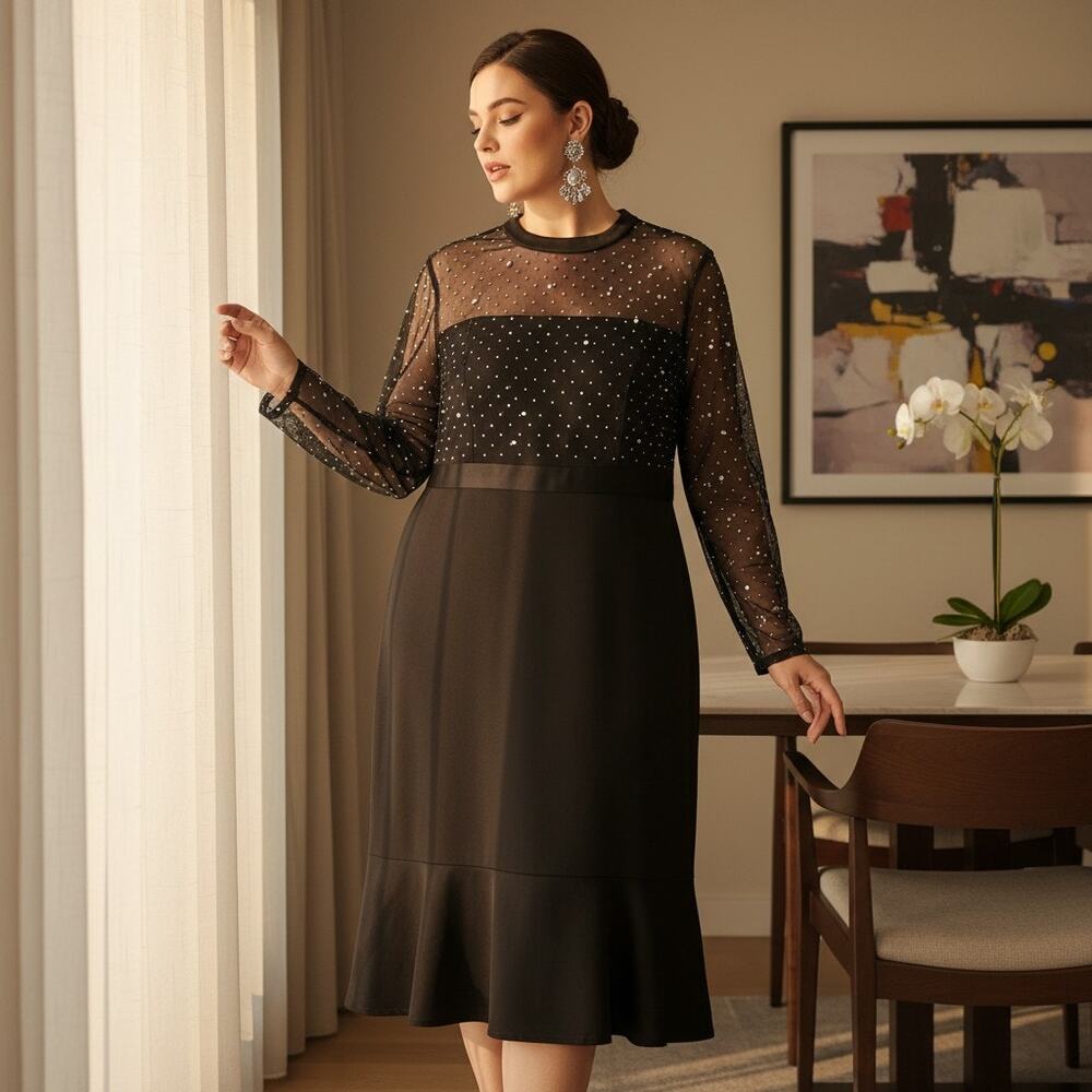 London Times Black Mesh Beaded Sleeve Fit & Flare Dress Size 20W NWT Zip Closure